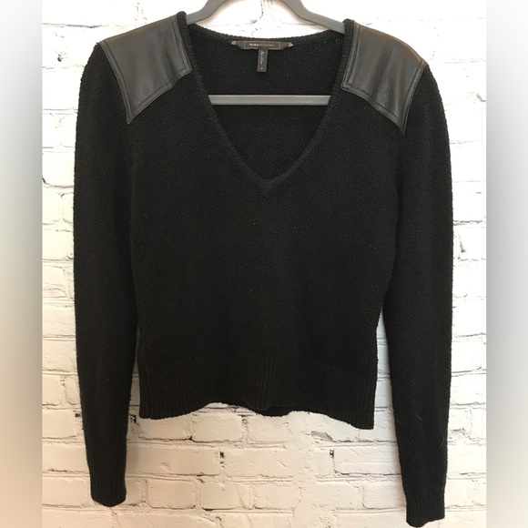 BCBG Max Azria Faux Leather Patch V Neck Sweater size Small - Picture 2 of 7